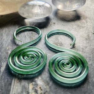 10G | Green Tea  | Spiral Hoops | Gauged Glass Body Jewelry for Stretched Piercings by Glassheart