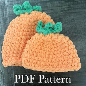 Pumpkin Beanie PDF Schnittmuster | Baby bis Kleinkind Kürbis mit grüner Spitze gehäkelte Mütze, Beanie | Süßer kleiner Plüsch Halloween Herbst Hut