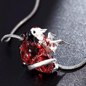 Guardian Dragon & Red Anatomical Heart Necklace, Silver Fantasy Pendant in Resin, Gothic Jewelry, Heart pendant, dragon sterling pendant
