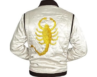 Handmade Ryan Gosling Drive Scorpion Retro Style White Satin Bomber Varsity Sports Biker Drive Jacket