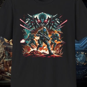 May include: A black t-shirt with a graphic of four soldiers in futuristic armor, holding weapons, with a large, menacing, red-eyed creature in the background.