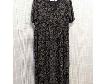 Liz Claiborne Vintage Retro 90s Black & Beige Floral Cottage Midi Dress Large