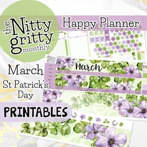 May include: Printable planner stickers with a St. Patrick's Day theme. The stickers feature green shamrocks, purple flowers, and the text "March St. Patrick's Day".