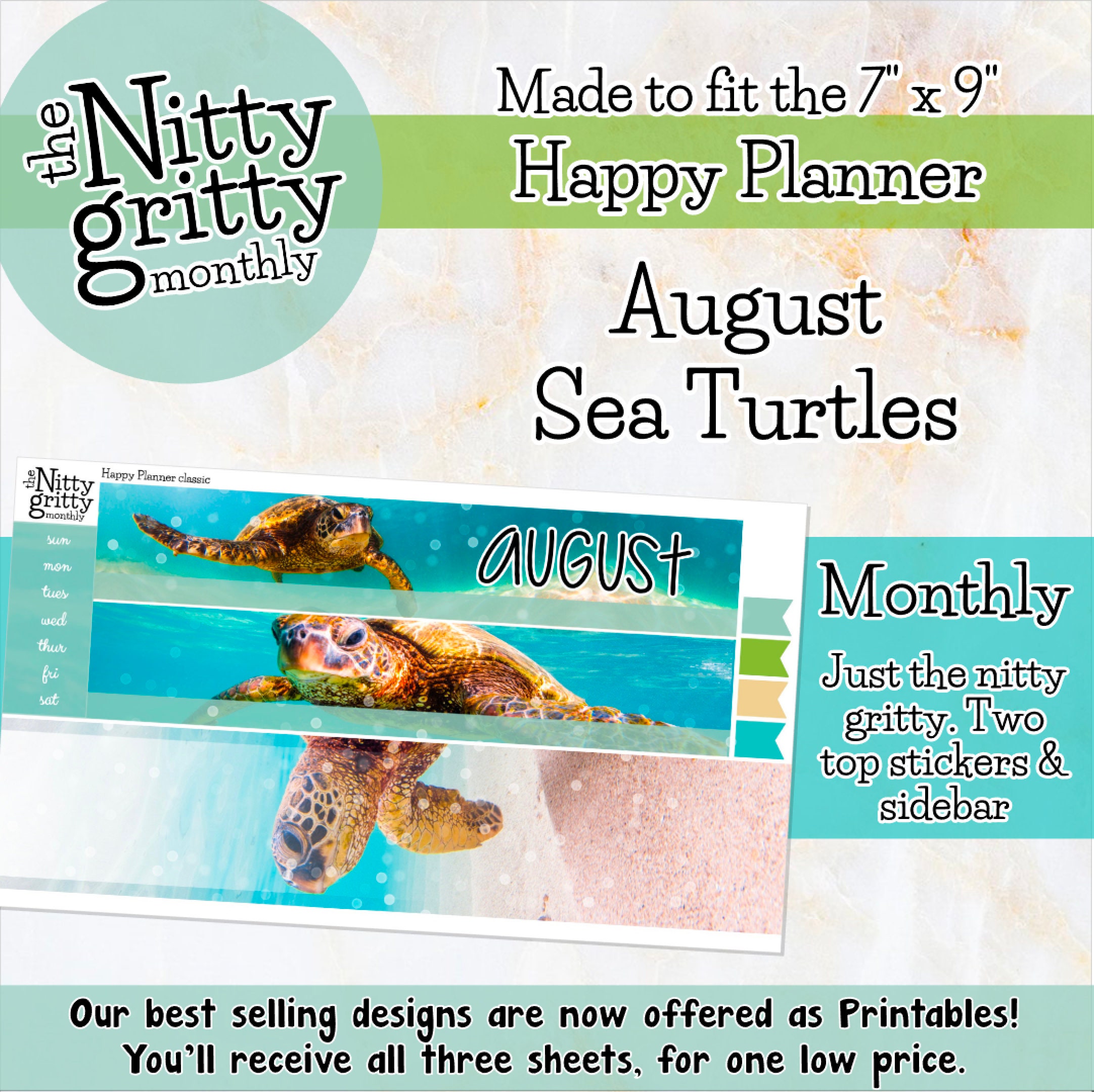 August Sea Turtles Monthly Kit Printable Stickers Happy Planner ...