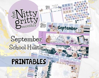 May include: Printable planner pages for September with a school theme. The pages feature a blue and purple color scheme with floral and geometric patterns. The text "September School Hustle" is featured on the page.