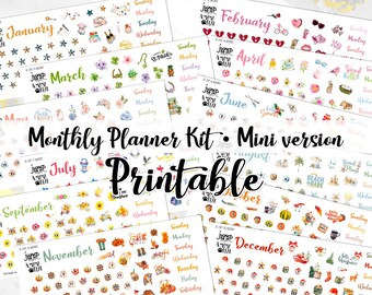 May include: A collection of printable monthly planner kits, mini version, with decorative stickers for each month. Each kit features themed illustrations and the days of the week. The text "Monthly Planner Kit - Mini version Printable" is displayed.