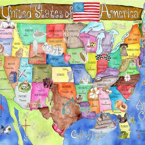 Free shipping State Landmarks childrens map CANVAS giclee of United States with capitals watercolor nursery art by Marley Ungaro image 2