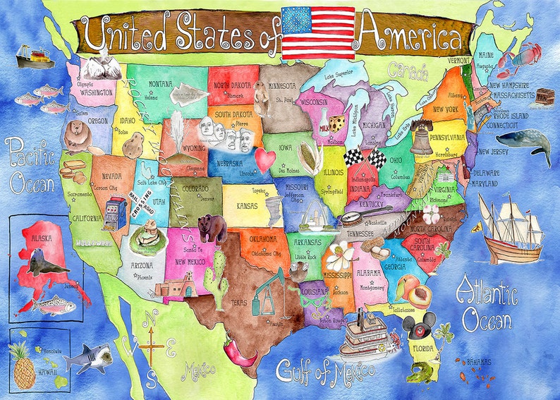 Free shipping State Landmarks childrens map CANVAS giclee of United States with capitals watercolor nursery art by Marley Ungaro image 2