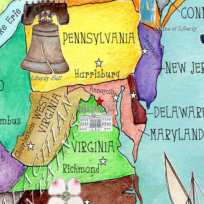 free shipping state landmarks usa map for kids turquoise