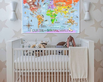 Free shipping!! CANVAS WORLD Art Map with countries, landmarks, and wonders watercolor nursery pick your size by Marley Ungaro