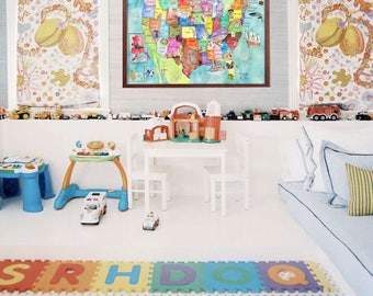 Free shipping!! State Landmarks USA Map for kids turquoise watercolor art nursery pick your size poster by Marley Ungaro mungaro