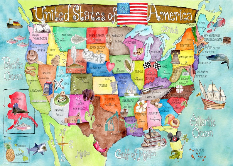 Free shipping State Landmarks childrens map CANVAS giclee of United States with capitals watercolor nursery art by Marley Ungaro image 3