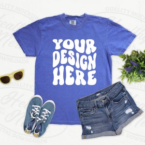 Comfort Colors 1717 Periwinkle Mockup Flatlay Women&#39;s Scene, Flat Lay 1717 Mockup Periwinkle, T Shirt Mockups, Digital Shirt Mockup
