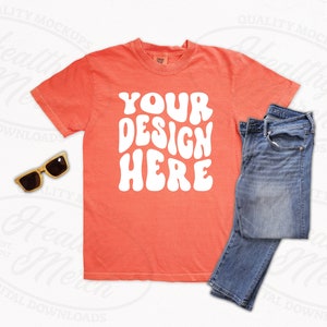 Comfort Colors 1717 Bright Salmon Mockup Flatlay, Flat Lay 1717 Mockup Bright Salmon, T Shirt Mockups,  Shirt Store Mockups Basic Scene