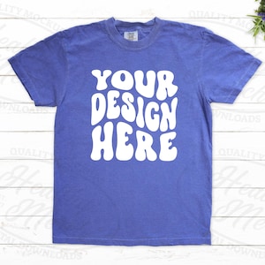 Comfort Colors 1717 Periwinkle Mockup Flatlay, Flat Lay 1717 Mockup Periwinkle, T Shirt Mockups, White Wood Plant Background