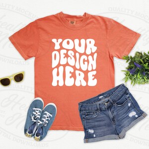 Comfort Colors 1717 Bright Salmon Mockup Flatlay Women&#39;s Scene, Flat Lay 1717 Mockup Bright Salmon, T Shirt Mockups, Digital Shirt Mockup