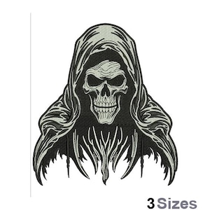 May include: A black and white embroidered design of a skull wearing a hooded cloak. The skull has a detailed design with a menacing expression.