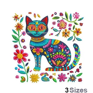 May include: Embroidered design of a colorful cat with floral patterns. The cat is sitting with its tail curled around its body. The background is white with a border of flowers.