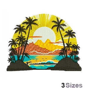May include: Embroidered design of a sunset over a beach with palm trees. The sun is yellow with orange rays, and the sky is a gradient of orange, pink, and blue. The beach is white with blue water and a few birds flying overhead. The palm trees are black with green leaves.