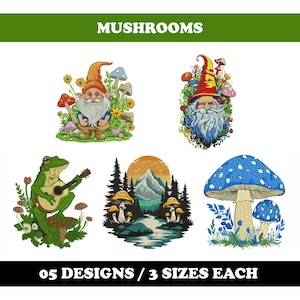 May include: A collection of five colorful mushroom-themed designs. The designs include a gnome, a wizard, a frog playing guitar, a landscape with mushrooms, and a blue mushroom with white spots. The text "MUSHROOMS" and "05 DESIGNS / 3 SIZES EACH" are also present.