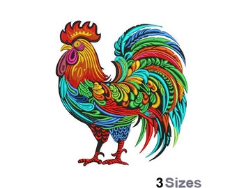 May include: A colorful rooster with a red, orange, and yellow head and a tail of blue, green, and red feathers. The rooster is standing on a white background.