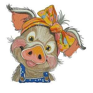 May include: Embroidered pig design with a yellow and orange floral bow and headband. The pig has a pink snout, blue overalls, and a friendly expression. The design is on a white background.