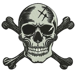 May include: Embroidered patch featuring a skull with crossbones. The skull is light gray with black shading and cross-shaped markings. The crossbones are black. The design is a classic pirate symbol.