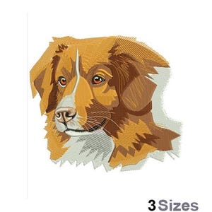 May include: Embroidered design of a brown and white dog with floppy ears. The dog is looking to the left of the image.