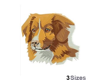 Könnte beinhalten: Gestickte Darstellung eines braunen und weißen Hundes mit Schlappohren. Der Hund schaut nach links im Bild.
