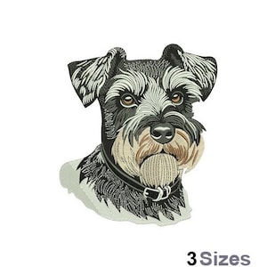 Könnte beinhalten: Schwarzes und weißes Stickdesign eines Zwergschnauzers mit schwarzem Halsband. Der Hund hat einen weißen Bart und Schnurrbart.