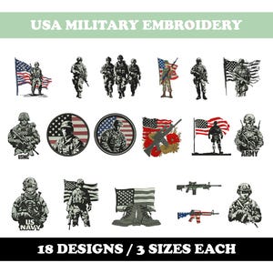 Usa Military (18 Designs) - Machine Embroidery Bundle, Army, Navy, Airforce, USMC embroidery patterns