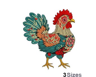 May include: A colorful rooster with a red comb and wattle, blue and green feathers, and intricate floral patterns. The rooster is standing on a white background.