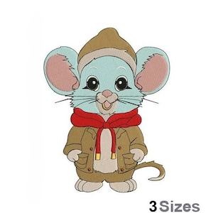 May include: A cartoon mouse wearing a brown coat, red scarf, and a brown hat. The mouse has blue fur and large, black eyes.