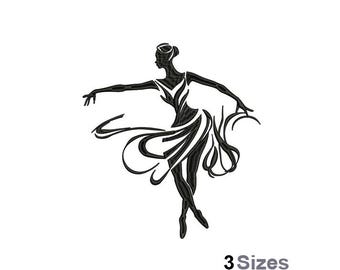 May include: Black and white silhouette of a ballerina in a flowing dress, with her arms outstretched.