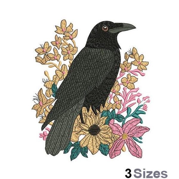 Black Crow In Flowers - Machine Embroidery Design - 3 Sizes, Floral Raven Pattern