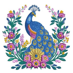 May include: Embroidered design of a peacock with a blue body, yellow and blue tail feathers, and a crown. The peacock is surrounded by a floral wreath of pink, yellow, and green leaves and flowers.