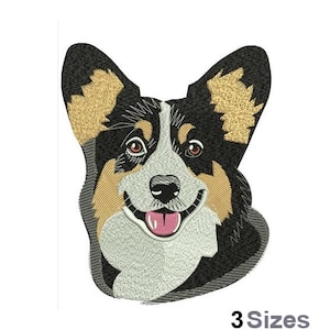 Puede incluir: Diseño bordado de un corgi negro y marrón con pecho blanco y lengua rosa que sobresale. El corgi está mirando directamente al espectador.
