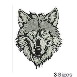 May include: Black and white embroidered design of a wolf's head with a fierce expression.