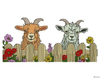 Garden Goats at Fence - Machine Embroidery Design - 3 Sizes