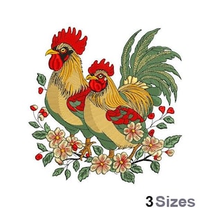 Floral Rooster & Hen - Machine Embroidery Design- 3 Sizes, Barn Chickens
