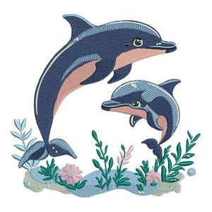 May include: An embroidered design featuring two dolphins, one adult and one juvenile, in shades of blue and pink. The dolphins are surrounded by embroidered aquatic plants and flowers, creating a marine theme.