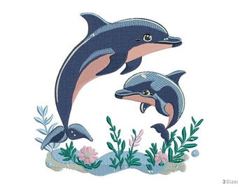 Süße Delfine, Maschinenstickerei, 3 Grössen, Marine muster, Ozean design