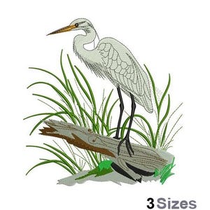 Peut inclure: Un héron blanc avec un long bec orange debout sur une branche brune avec de l'herbe verte. L'oiseau fait face au côté gauche de l'image. 3 tailles.