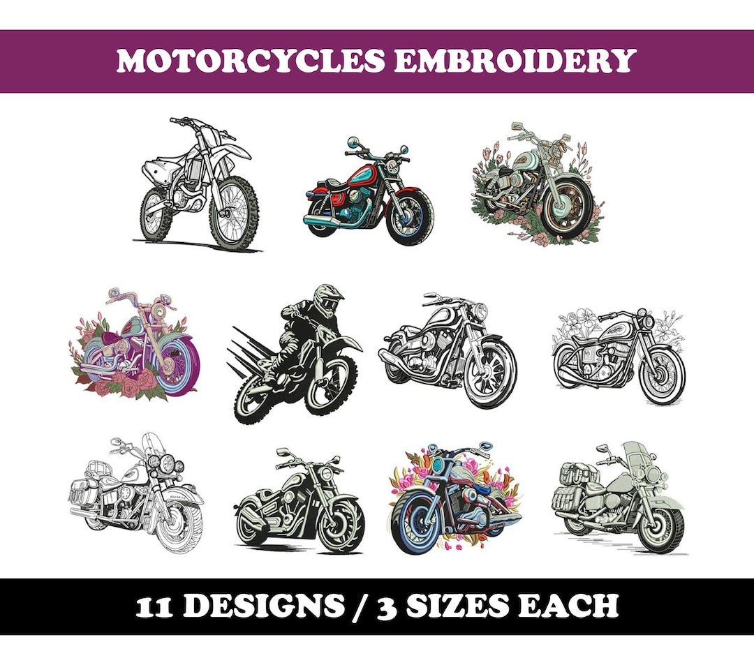 Cruiser Patterns Motorcycle (11 Designs) - Machine Embroidery Bundle, Dirt Bike, Cruiser ...
