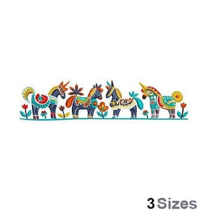 May include: Embroidered design of five colourful horses with floral accents. The horses are in a row and have different patterns and colours. The design is perfect for embroidery projects.