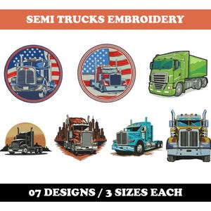 May include: Seven embroidery designs of semi trucks, some with American flag designs. The designs are available in three sizes.