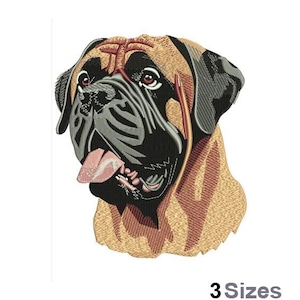 May include: Embroidered design of a brown and black dog with a pink tongue sticking out. The dog's head is turned to the side and its eyes are closed.