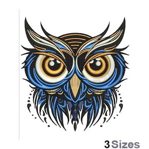 May include: A blue and yellow stylized owl with intricate details. The owl's eyes are large and round with white pupils and yellow irises. The owl's beak is yellow and pointed. The owl's feathers are blue and yellow and have a detailed pattern.