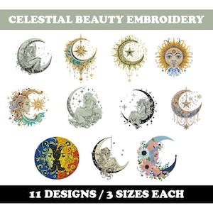 Könnte beinhalten: Elf Stickmuster mit himmlischen Motiven, darunter Monde, Sterne und Sonnen, in einem verspielten, Vintage-Stil. Jedes Design ist in drei Größen erhältlich.