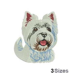 May include: Embroidered design of a white West Highland Terrier dog with a light blue and white background. The dog has a pink nose and tongue.